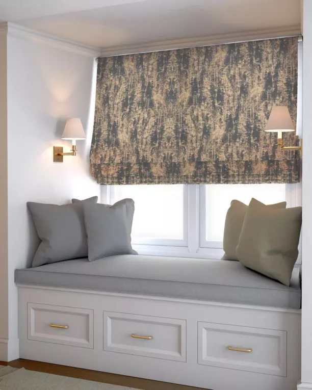 Roleta rzymska grafitowo złota z eleganckiej tkaniny załonowej o prostym splocie z połyskującym dodatkiem