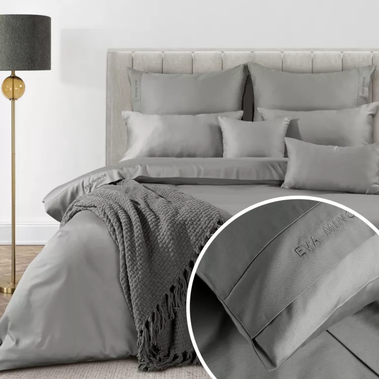 Pościel 220x200 cm komplet 3 częściowy z bawełny, makosatyny kolor stalowy z ozdobną kantą i haftem kolekcja MINGE ELEGANTE