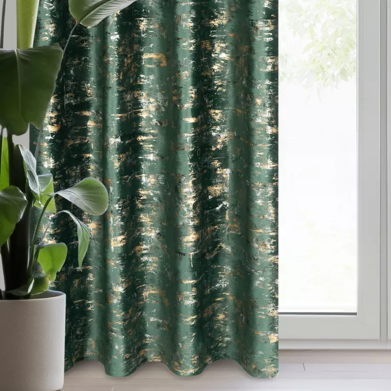 Zasłona ciemnozielono, złocista zdobiona marmurkowym wzorem, welwetowa 140x250 cm przelotka - TAMI