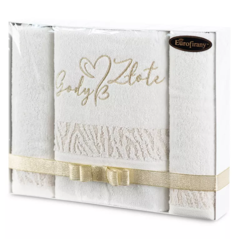 Zestaw ręczników bawełnianych na prezent 2 szt 30x50 cm, 1 szt 50x90 cm kolor biały, złoty z błyszczącą bordiurą i dekoracyjnym haftem