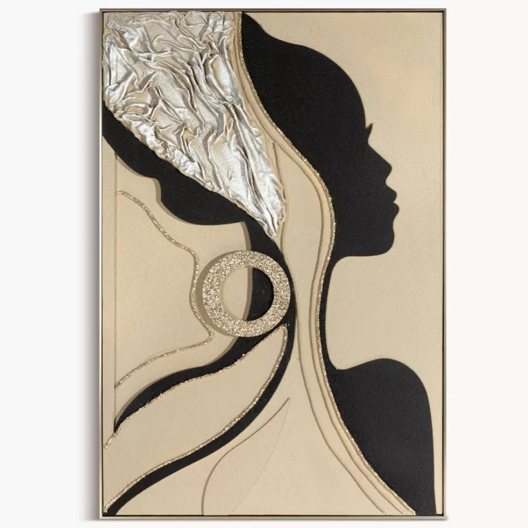 Obraz beżowo, czarny ręcznie malowany z motywem sylwetki kobiety oprawiony w ramę 82x122 cm