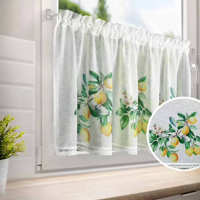Zazdrostka biało, zielona z etaminy zdobiona nadrukiem cytryn 60x150 cm tunel CLOE
