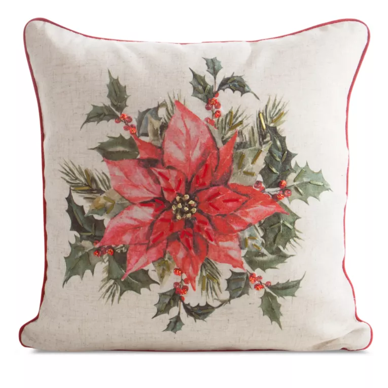 Poszewka na poduszkę świąteczna 45x45 cm  o strukturze lnu beżowo, czerwona zdobiona nadrukiem gwiazdy betlejemskiej