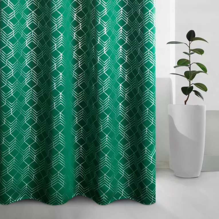 Zasłona zielono, srebrna zaciemniająca ze złotym wzorem geometrycznym 140x250cm przelotka - POLI - Design 91