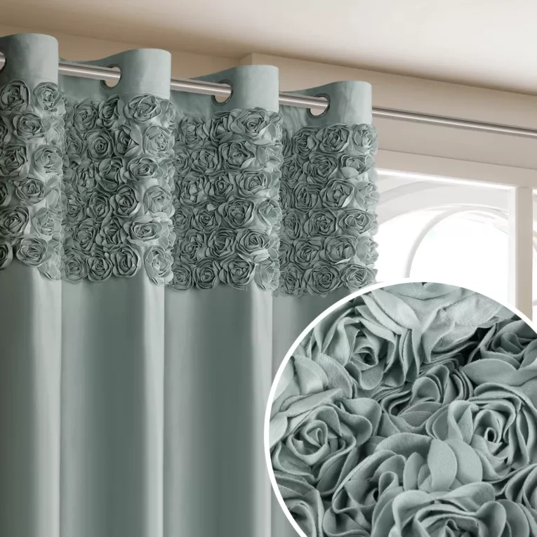 Zasłona miętowa z welwetu zdobiona aplikacją 3D róż 140x250 cm przelotka - ROSES Eva Minge