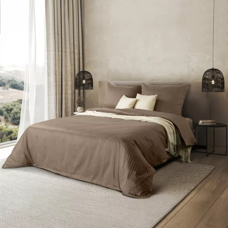 Pościel 140x200 cm satyna bawełniana kolor brązowy w drobne prążki VERA