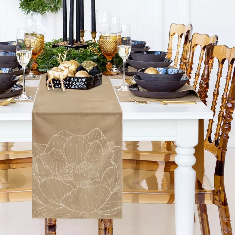 Bieżnik na stół beżowo, złocisty 35x180 cm welwetowy BLINK 13 z dużym wzorem lilii wodnej