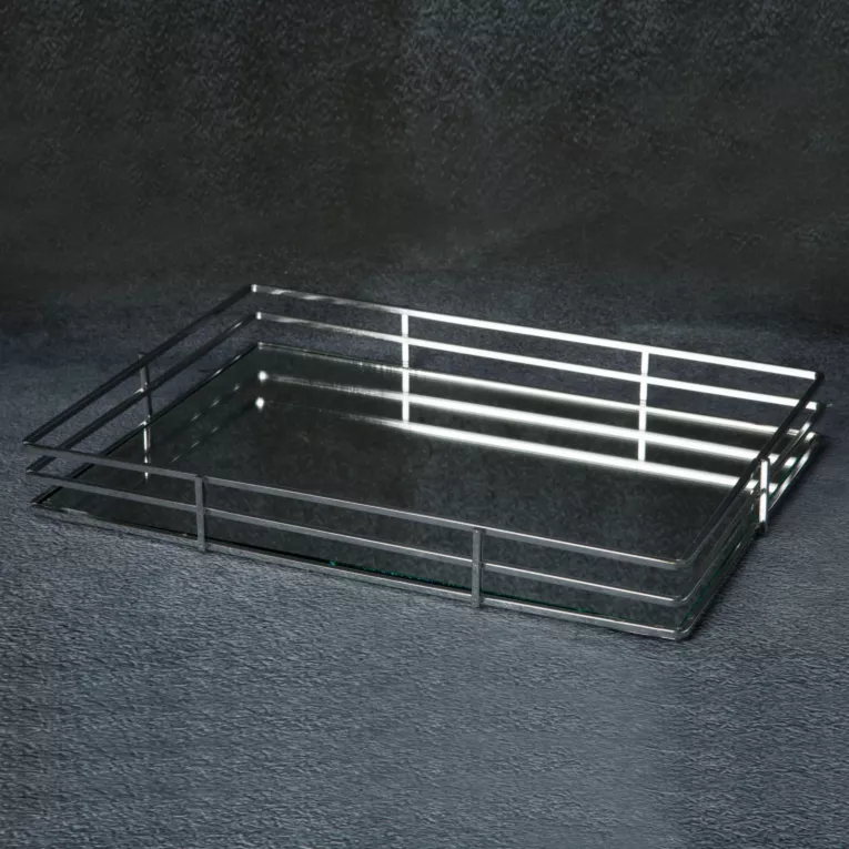 Taca dekoracyjna PATI 1 z lustrzanym blatem i metalowym obrzeżem w stylu art deco, srebrna