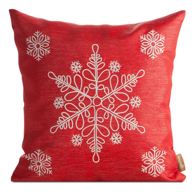 Poszewka na poduszkę świąteczna 45x45 cm czerwono, srebrna przetykana błyszczącą nicią i haftem śnieżynek