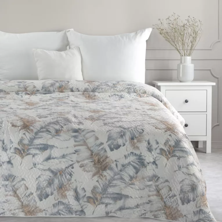 Narzuta welwetowa biało, srebrna 170x210 cm zdobiona wzorem liści LAYLA