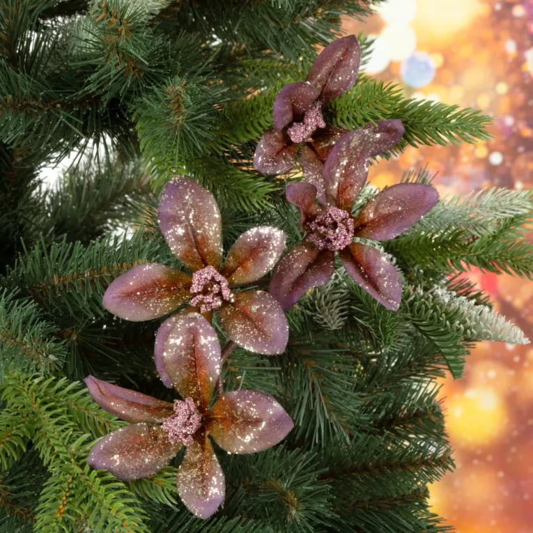 Świąteczna gałązka w subtelne kwiaty z lśniącymi drobinkami