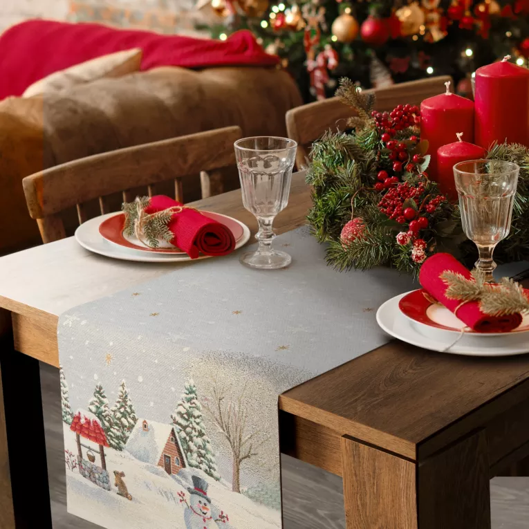 Bieżnik na stół popielato, złocisty 40x100 cm gobelinowy z motywem zimowej wioski