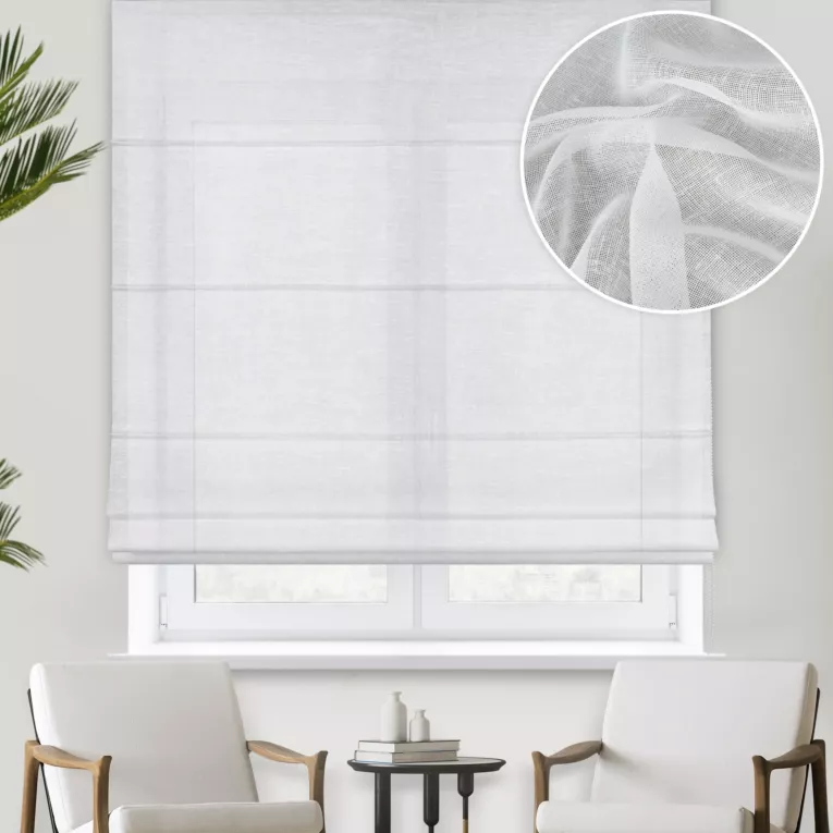 Roleta rzymska biała z matowej etaminy o naturalnym splocie