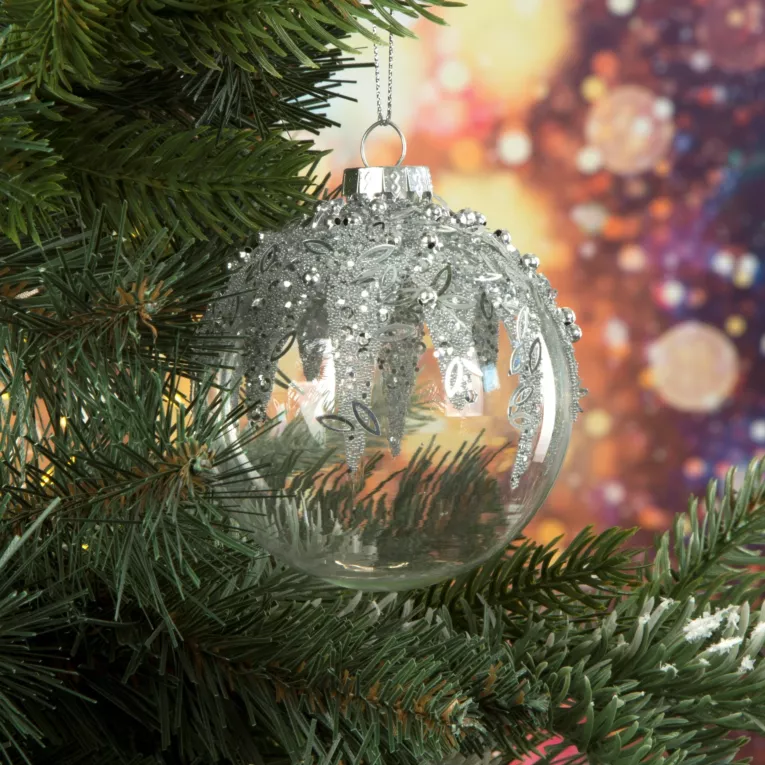 Transparentna bombka szklana ręcznie zdobiona koralikami i brokatem