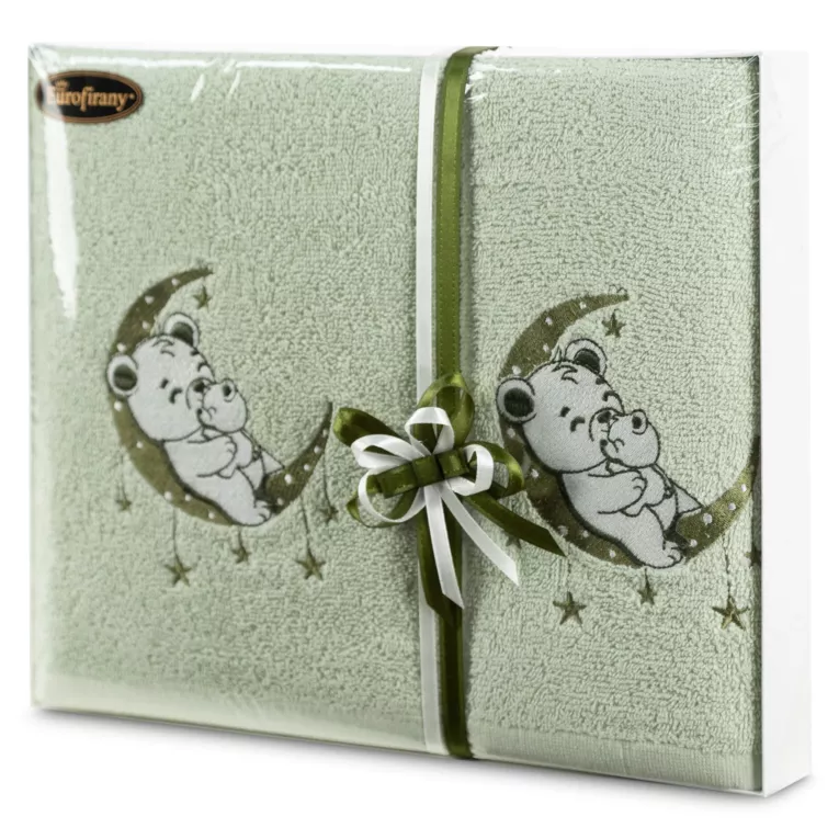 Zestaw ręczników bawełnianych na prezent 1 szt 50x90 cm, 1 szt 70x140 cm kolor miętowy z uroczym motywem misia