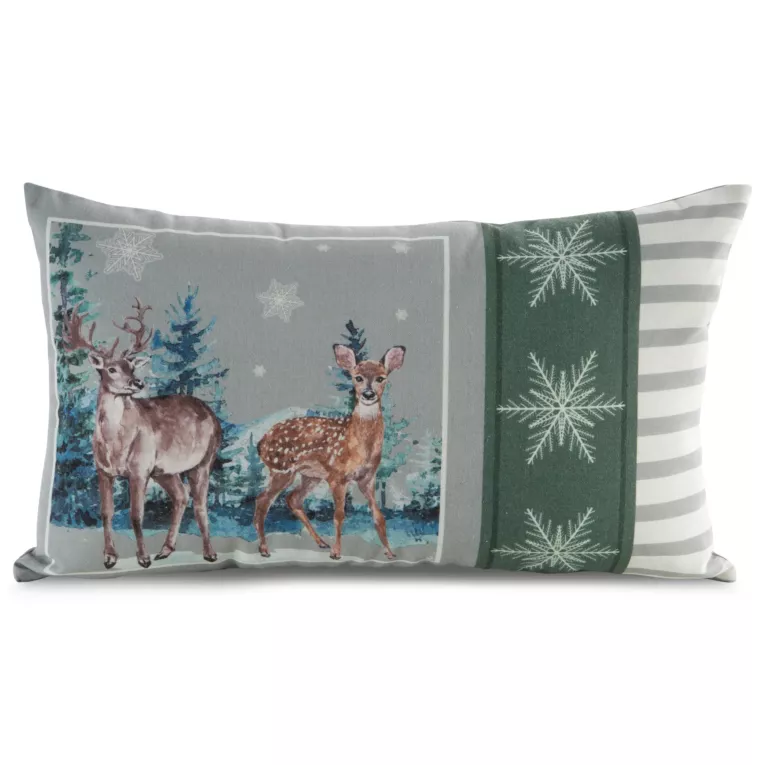Poszewka na poduszkę 30x50 cm świątecznym nadrukiem jasnoszaro, zielona FOREST