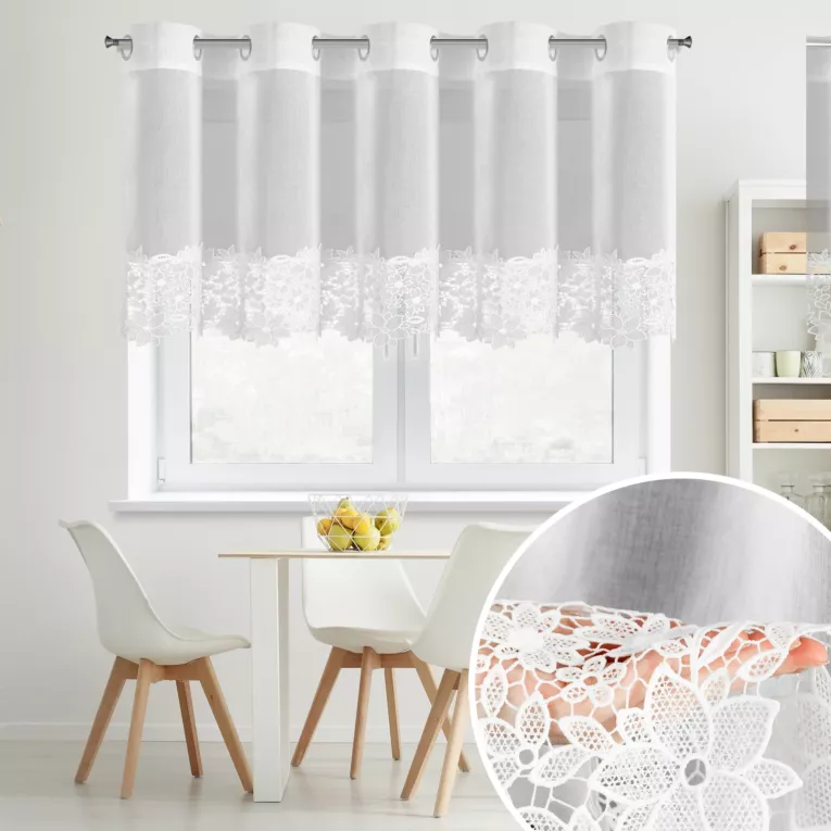 Firana biała z etaminy zdobiona ażurową koronką 200x70 cm, przezlotka - ARTEMIDA