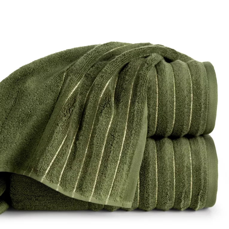 Ręcznik kąpielowy 70x140 cm kolor zielony zdobiony prążkami z błyszczącej nici 500 g/m2 LUNARI