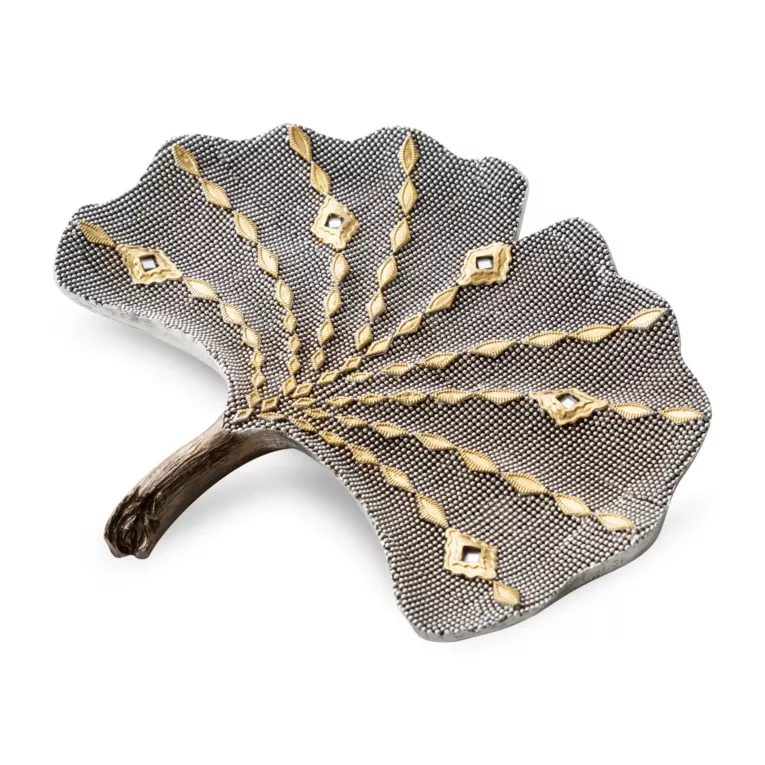 Liść miłorzębu figurka ceramiczna srebrno-złota