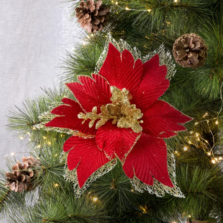 Świąteczny kwiat dekoracyjny z welwetowej tkaniny oraz koronki