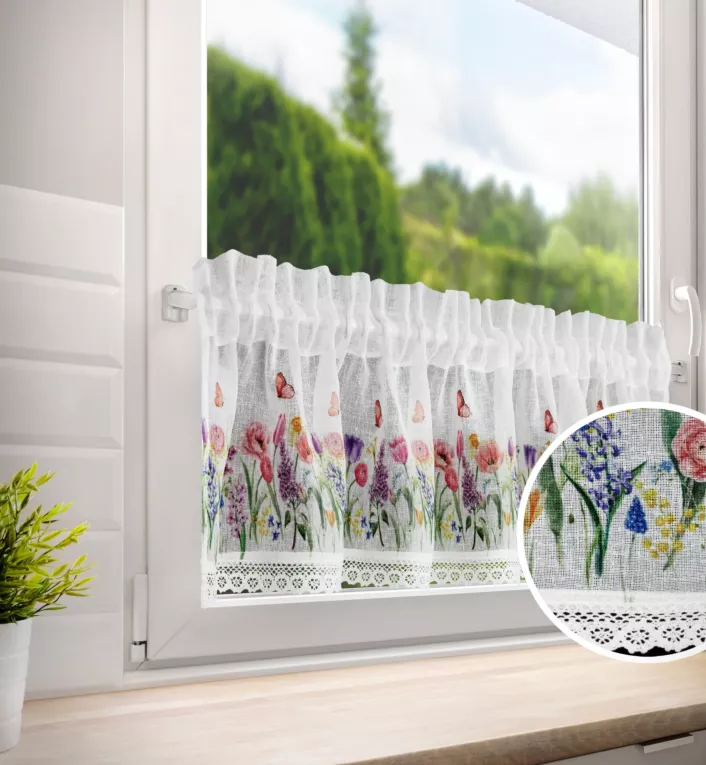 Zazdrostka biało, różowa z etaminy z zdobiona kwiatowym nadrukiem i koronką 150x30 cm tunel BELLA