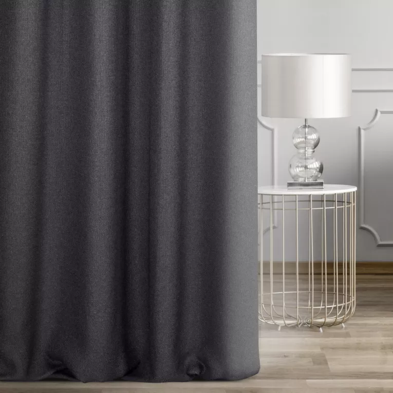 Zasłona szyta na taśmie 5 cm grafitowa z tkaniny o naturalnym splocie w stylu eko