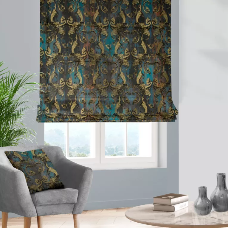 Roleta rzymska ciemnoturkusowo złota z miękkiej tkaniny w elegancki ornamentowy wzór