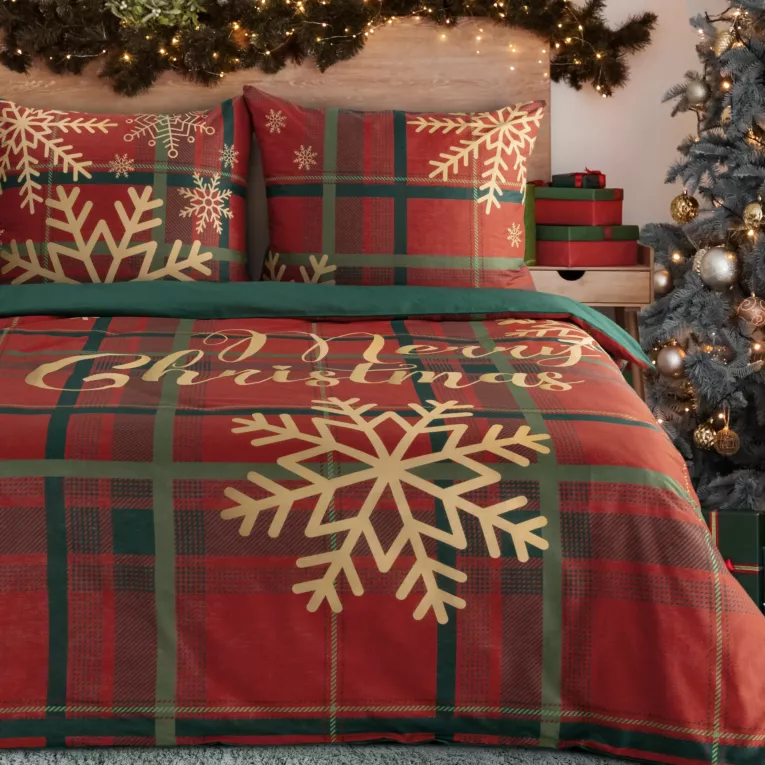 Pościel 160x200 cm bawełna ranforce kolor czerwony, ciemnozielony zdobiona nadrukiem kraty