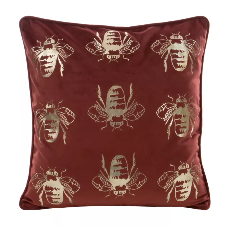 Poszewka na poduszkę 45x45 cm welwetowa, bordowo złocista z motywem pszczół BILNK