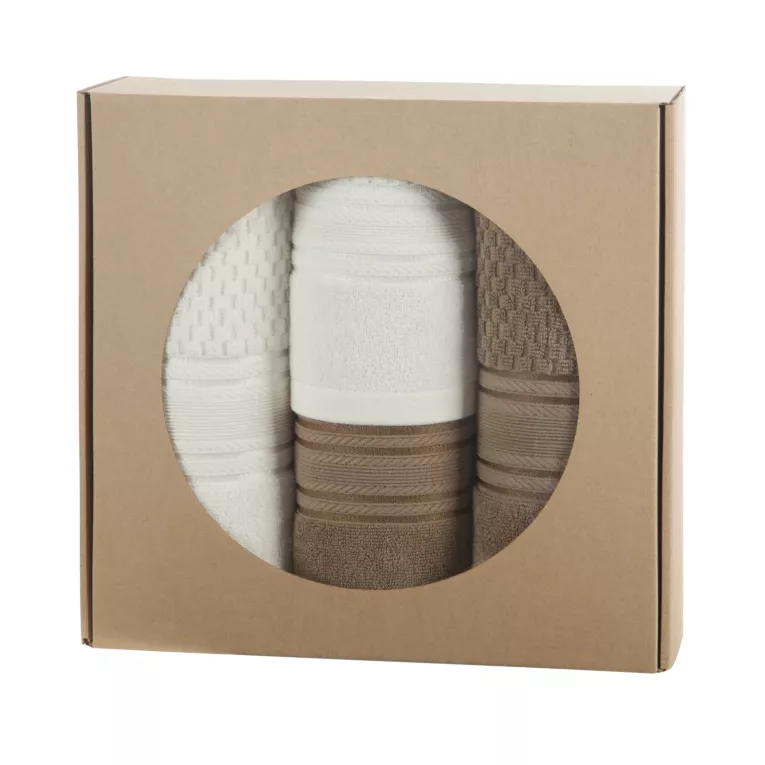 Zestaw ręczników bawełnianych na prezent 2 szt 50x90 cm,2 szt 70x140 cm kolor kremowy, beżowy z bordiurą w pasy
