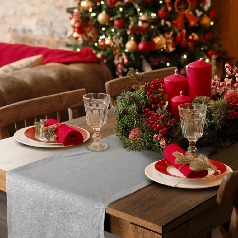 Bieżnik na stół srebrny 40x140 cm z żakardowej tkaniny FLASH świąteczny