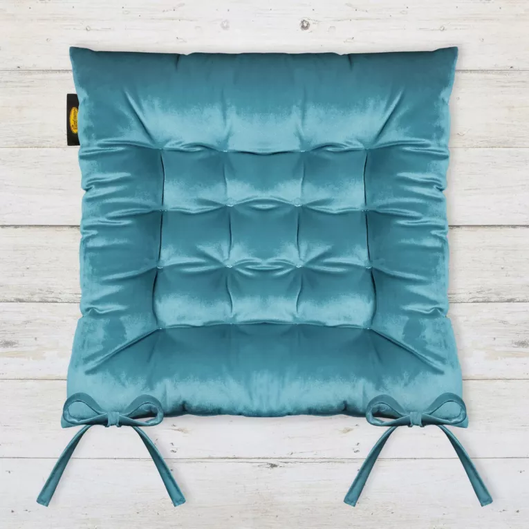 Poduszka na krzesło 40 x 40 x 6 cm dwustronna welwetowa  ciemnoturkusowa z szesnastoma pikowaniami