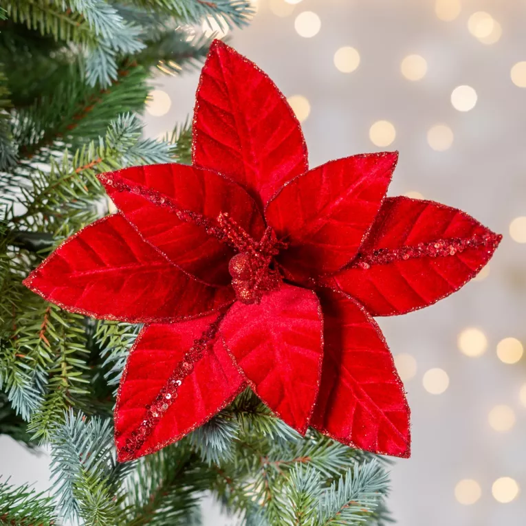 Świąteczny kwiat dekoracyjny z welwetowej tkaniny i lśniących drobinek