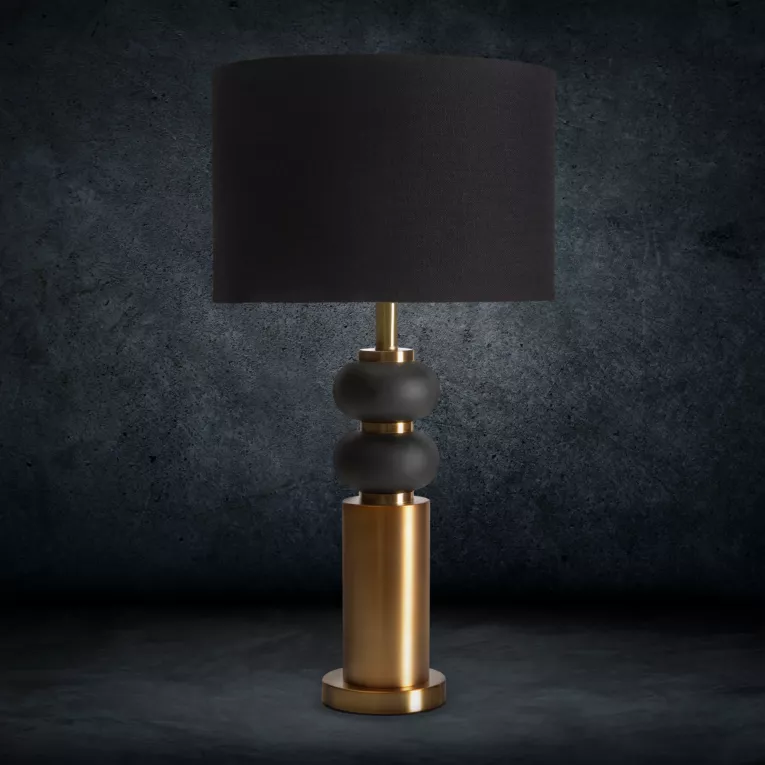 Lampa stołowa do salonu czarno, złota SOPHIA o designerskim kształcie z matowym abażurem