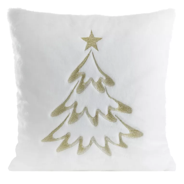 Poszewka na poduszkę świąteczna 45x45 cm biało, szampańska z przyjemnego futerka zdobiona haftem choinki
