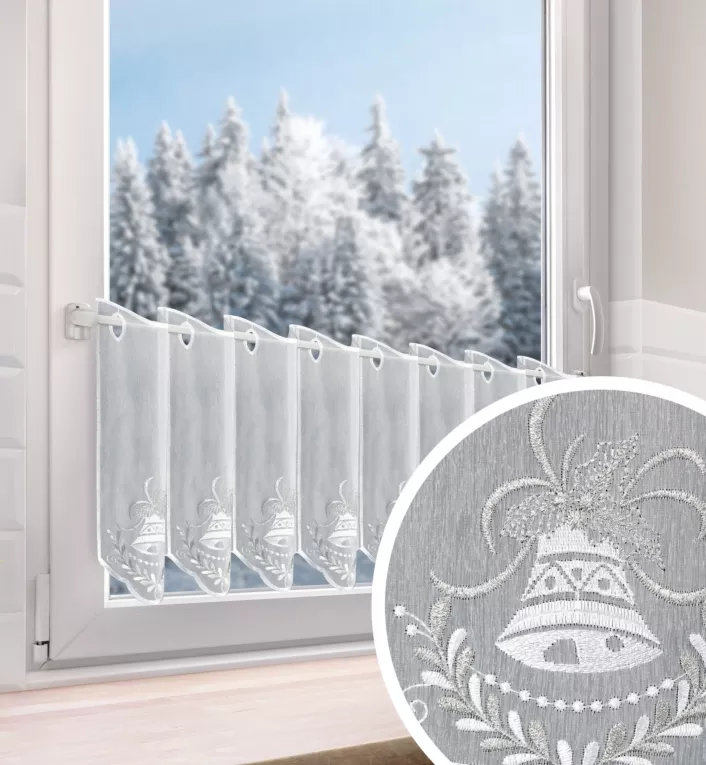 Tkanina firanowa zazdrostka z etaminy zdobiona świątecznym haftem dzwoneczków