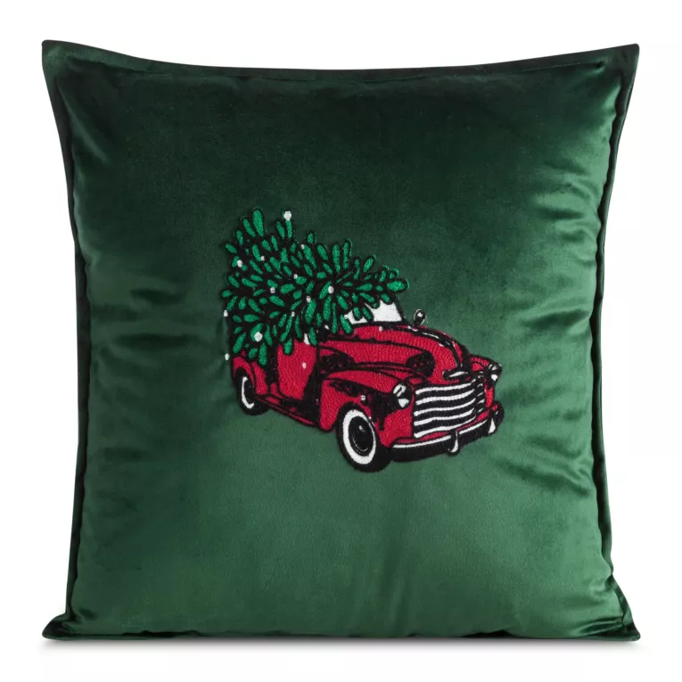 Poszewka na poduszkę 45x45 cm welwetowa kolor zielony z haftem z samochodem z choinką
