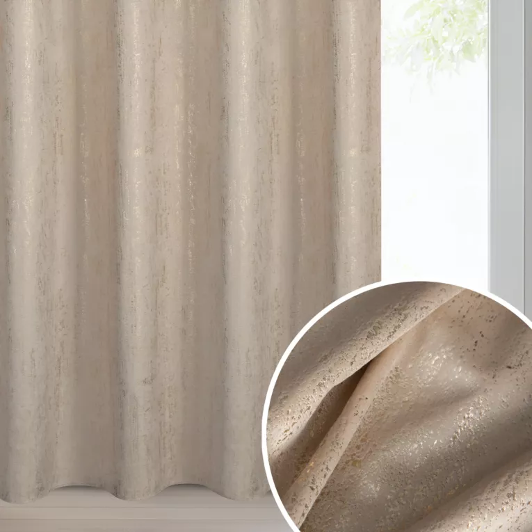 Zasłona ciemnobeżowa welwetowa zdobiona złotym przecieranym wzorem złote przelotki - DARA