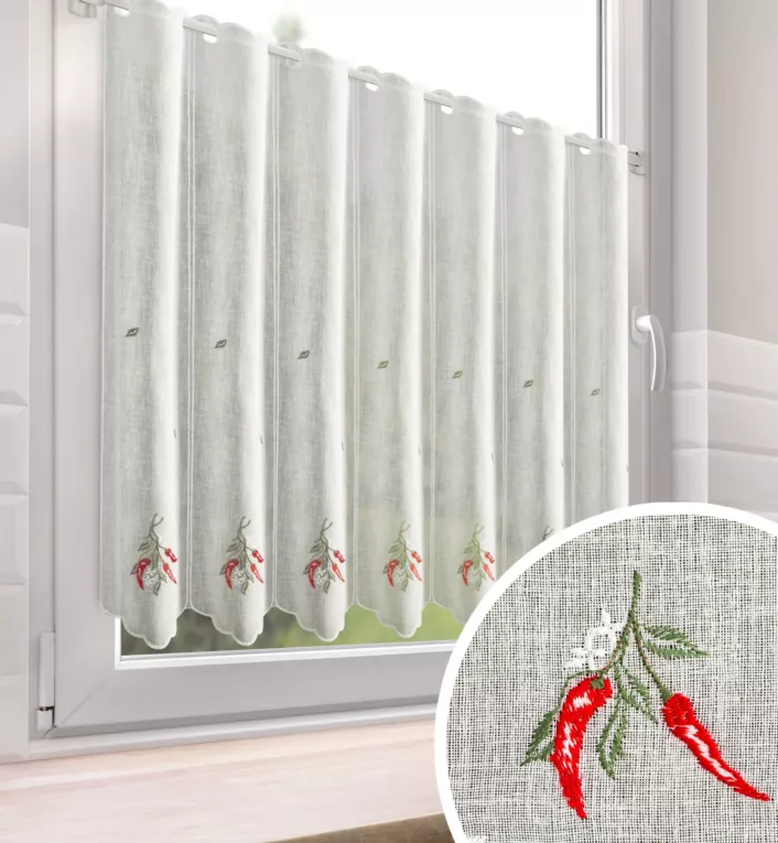 Tkanina firanowa zazdrostka zdobiona haftem papryczek