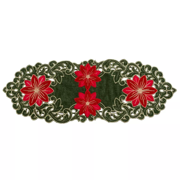 Bieżnik świąteczny na stół 35x180 cm zielono, czerwony zdobiony haftem gwiazd betlejemskich