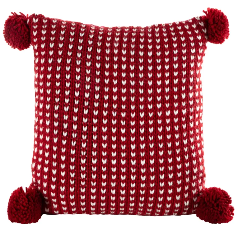 Poszewka na poduszkę 45x45 cm o plecionej strukturze czerwono biała z pomponami