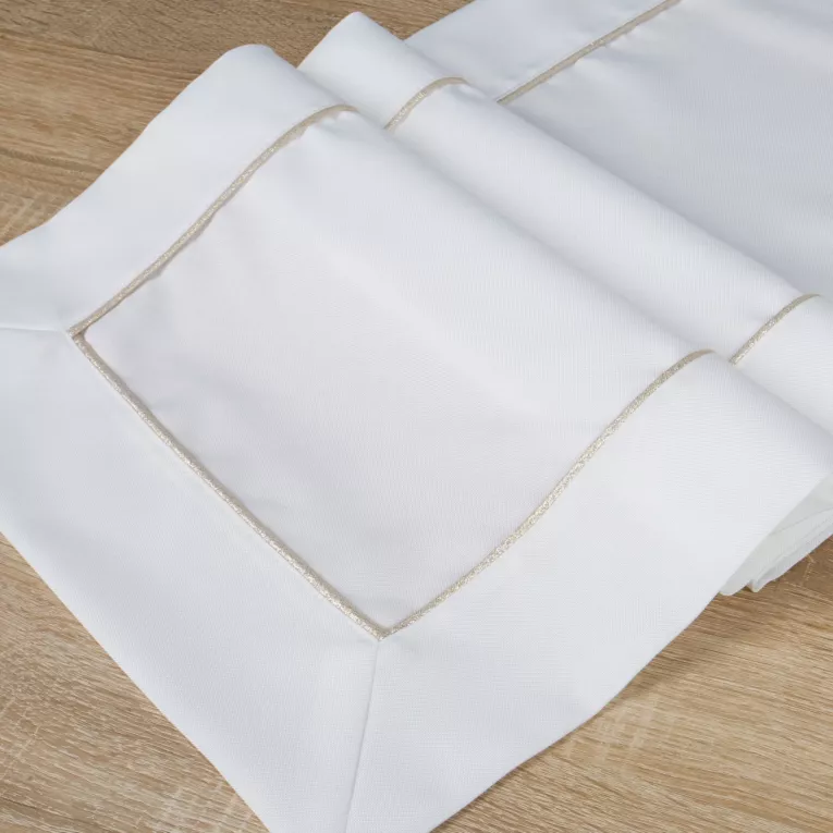 Bieżnik na stół biały 40x180 cm MADELE z delikatną złotą lamówką