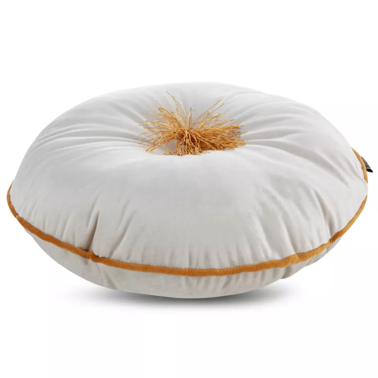 Poduszka welwetowa okrągła 40 x 40 cm kremowa ze złotym chwostem i lamówką VELVET 67