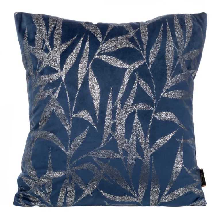 Poszewka na poduszkę 45x45 cm welwetowa kolor granatowy ze złocistym nadrukiem liści BLINK 22