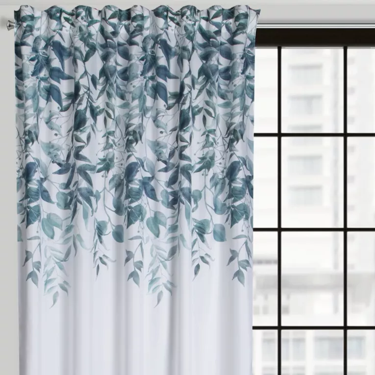 Zasłona biało, zielona z motywem roślinnym 140x270 cm taśma/szelki LORENA