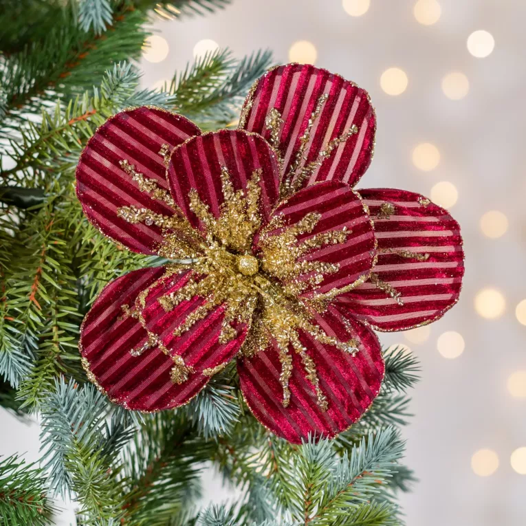 BORDOWY KWIAT DEKORACYJNY NA CHOINKĘ ZE ZŁOTYM AKCENTEM 20 cm EUROFIRANY