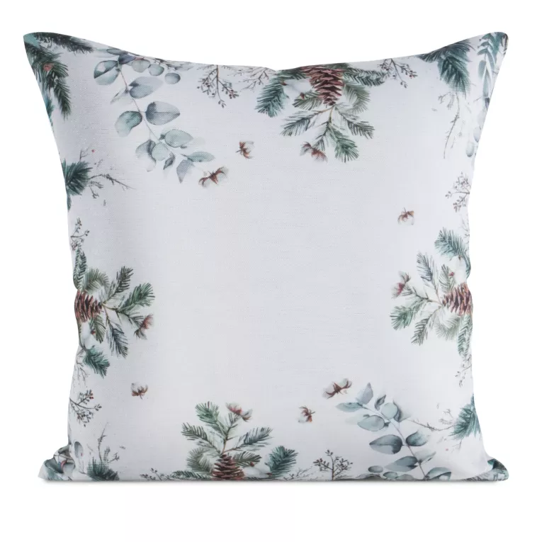 Poszewka na poduszkę świąteczna 45x45 cm biało, zielona zdobiona nadrukiem zimowym