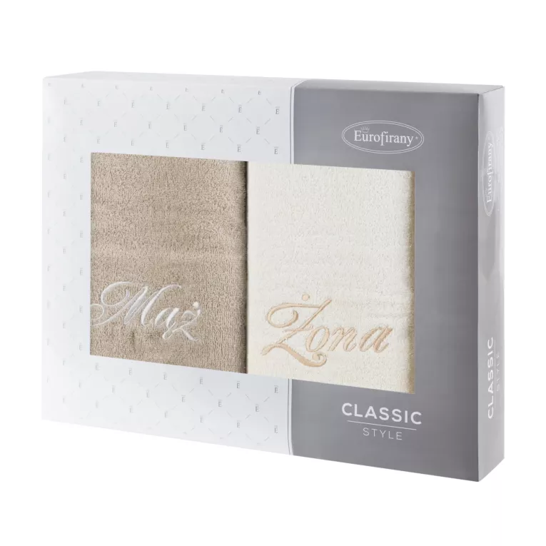 Zestaw ręczników bawełnianych na prezent 2 szt 50x90 cm z haftem Żona i Mąż kolor kremowy,beżowy 400 g/m2