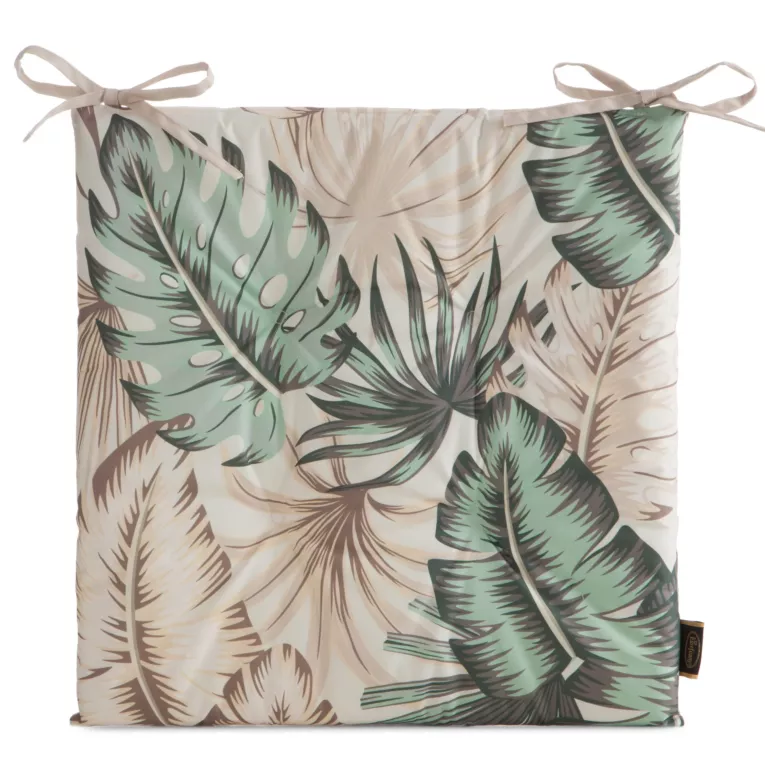 Poduszka na krzesło 43 x 43 x 4 cm wodoodporna kremowo, zielona zdobione motywem egzotycznych liści GARDEN