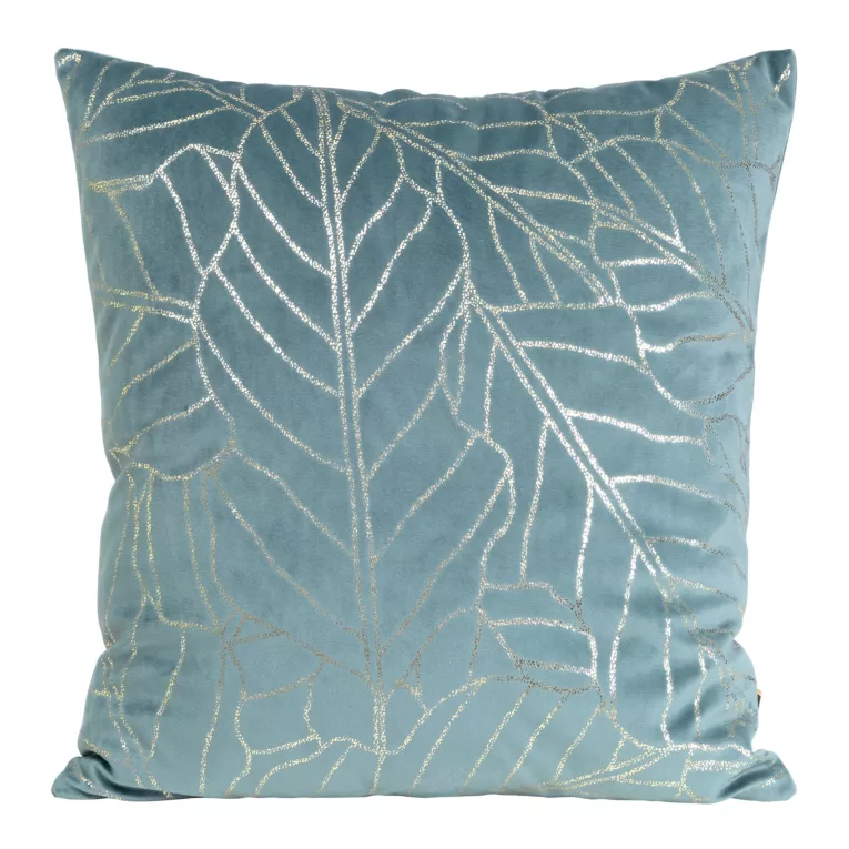 Poszewka na poduszkę 45x45 cm welwetowa niebieska z nadrukiem błyszczących liści BLINK 32
